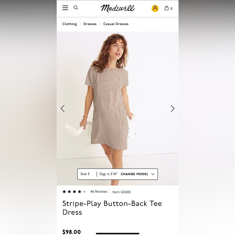 Madewell Stripe-Play Button-Back Tee Dress in Warm Nutmeg Size XS